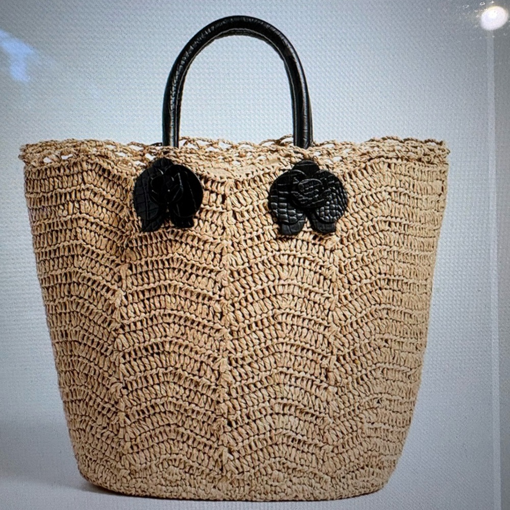 Pamela Munson Straw Woven Tote with Croc Embossed Calfskin Black Handles